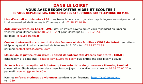 CONTACTEZ CES STRUCTURES PAR TÉLÉPHONE OU MAIL : Lieu d’accueil et d’écoute - LAé : des travailleurs sociaux, juristes, psychologues vous répondent du lundi au vendredi de 9 heures à 17 heures - tel : 02.38.52.10.10 / Aide aux victimes du Loiret - AVL : des juristes et psychologues vous répondent du lundi au vendredi pour Orléans au 02.38.62.31.62 et pour Montargis au 02.38.26.54.18. par mail : dir.avl@orange.fr / Centre d’information sur les droits des femmes et des familles - CIDFF du Loiret : entretiens téléphoniques du lundi au vendredi de 9 heures à 12h30 - tel : 02.38.77.02.33. par mail contact.cidff45@gmail.com / Maison de la justice et du droit - Conseil départemental d’accès aux droits - CDAD : échanges via la boîte mail : cdad45.covid19@gmail.com puis entretiens possibles via Skype. / Accès à la contraception et à l’interruption volontaire de grossesse - Planning familial : consultation téléphonique avec des conseillers conjugaux, travailleurs sociaux tel 02.38.70.00.20 ou par mail : contact@planning45.org / Pour les enfants victimes de violences pendant le confinement : https://allo119.gouv.fr/ tel : 119