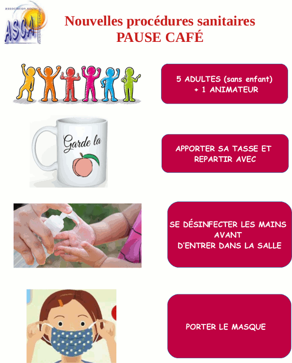 Nouvelles procédures sanitaires pause café : 5 adultes (sans enfants) + 1 anim, apporter sa tasse et repartir avec, se désinfecter les mains avant d'entrer dans la salle